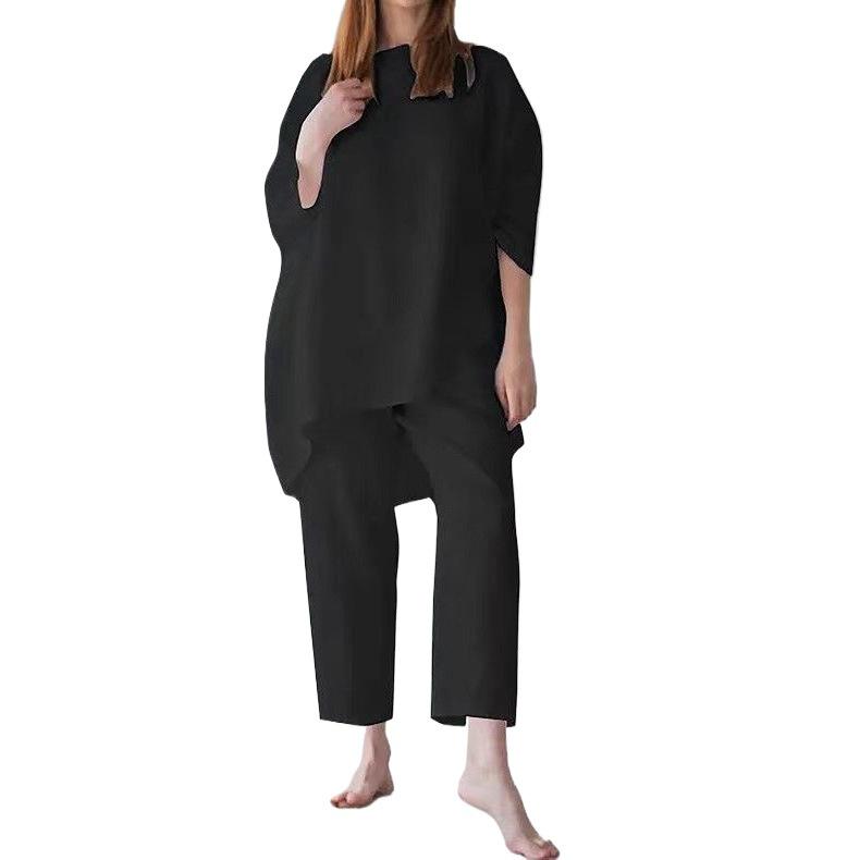 Evropský a americký dámský volný ležérní sportovní set nadměrné velikosti s nepravidelným dlouhým rukávem a jednobarevným designem