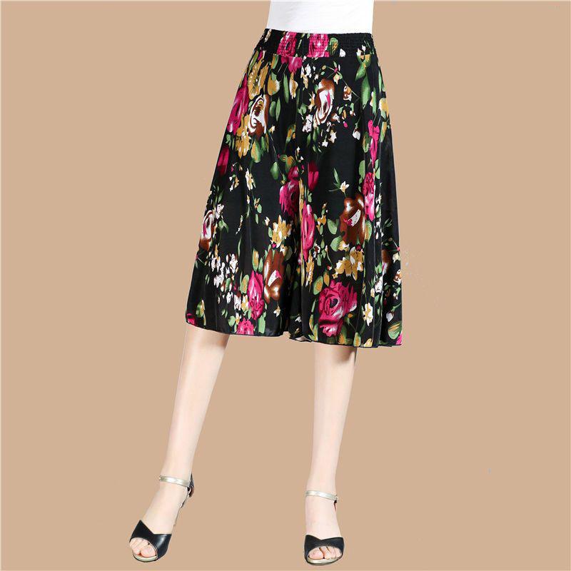 WTEMPO Women's Spring Summer Ice Silk Wide Leg Pants Elastic High Waist Thin Printed Skirt Pants Mother's Loose Cropped Pants