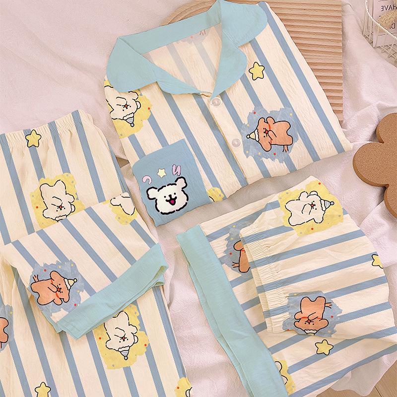 Line Puppy Small Fresh Striped Cloud Cotton Short-Sleeved Pajamas Women'S Summer Three-Piece Loungewear