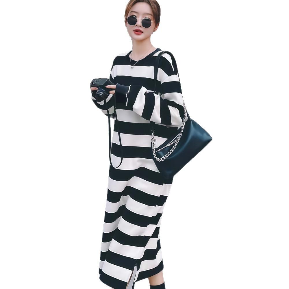 Spring and Autumn New Black and White Striped Long Sleeve Dress Loose Casual Skinny Split Knee Long T-Shirt Skirt Children