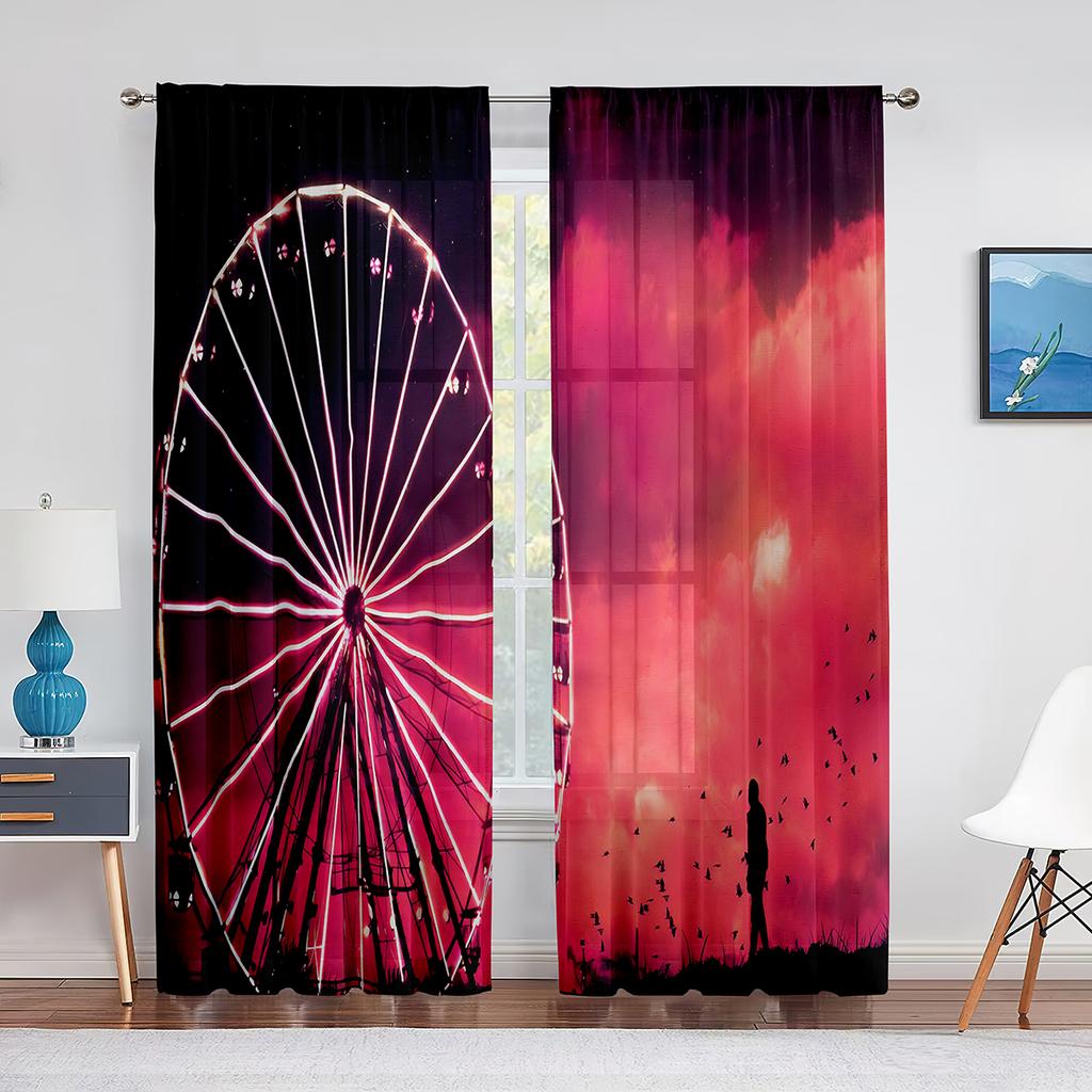 Giant Vertical Revolving Ferris Wheel Tulle Curtains Living Room Bedroom Decor Chiffon Sheer Voile Kitchen Window Curtain Drapes