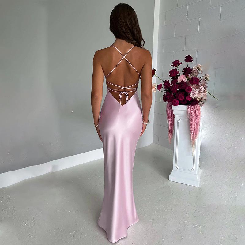 Women's Halter Satin Backless Strappy Waisted Long Dresses