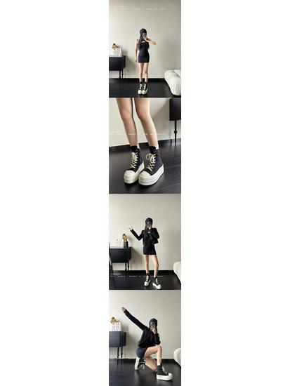 Spring 2025 Women's High-top Canvas Platform Shoes - Casual Lace-up Boots for Skirts