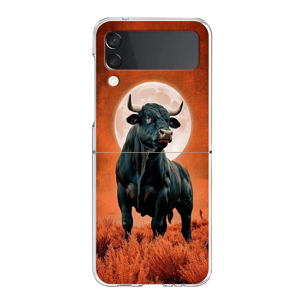 Phone Case For Samsung Galaxy Z Flip 3 4 5 Hard Folding Clear PC Bumper For Samsung Z Flip 6 Back Cover Bull Animal