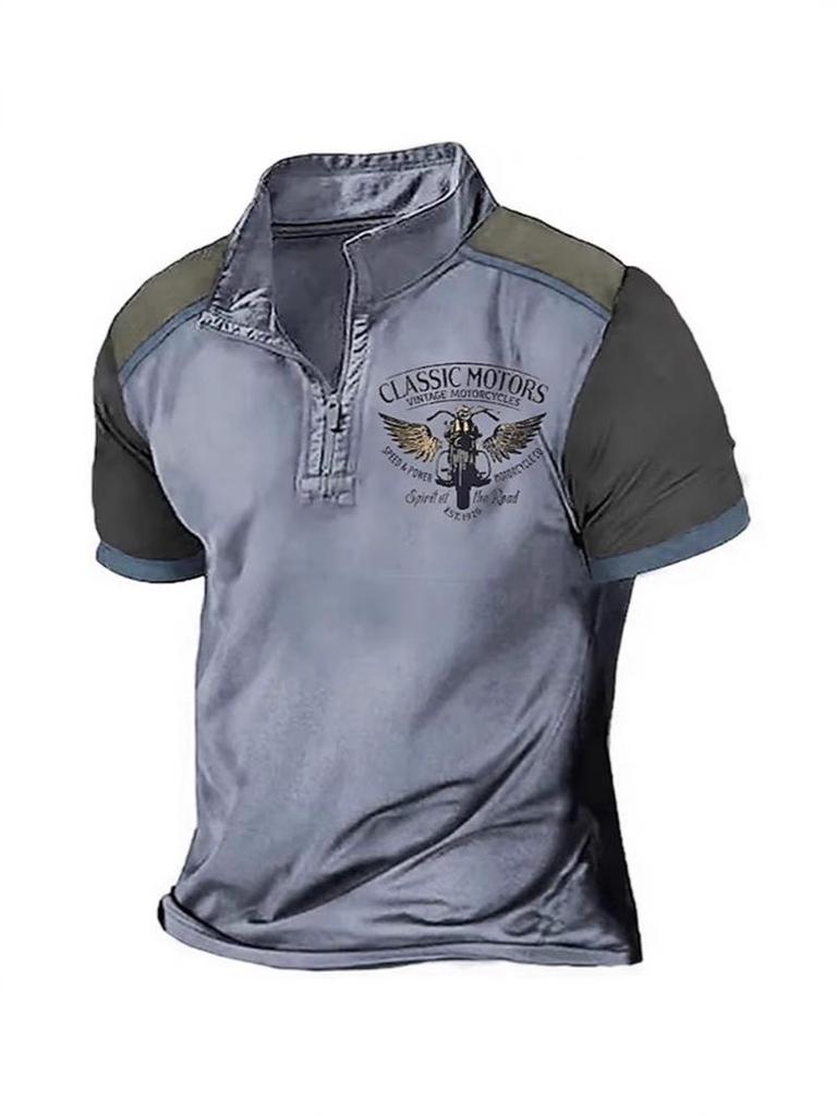 Retro Men's 3D Print Short Sleeve Polo with Zipper Lapel