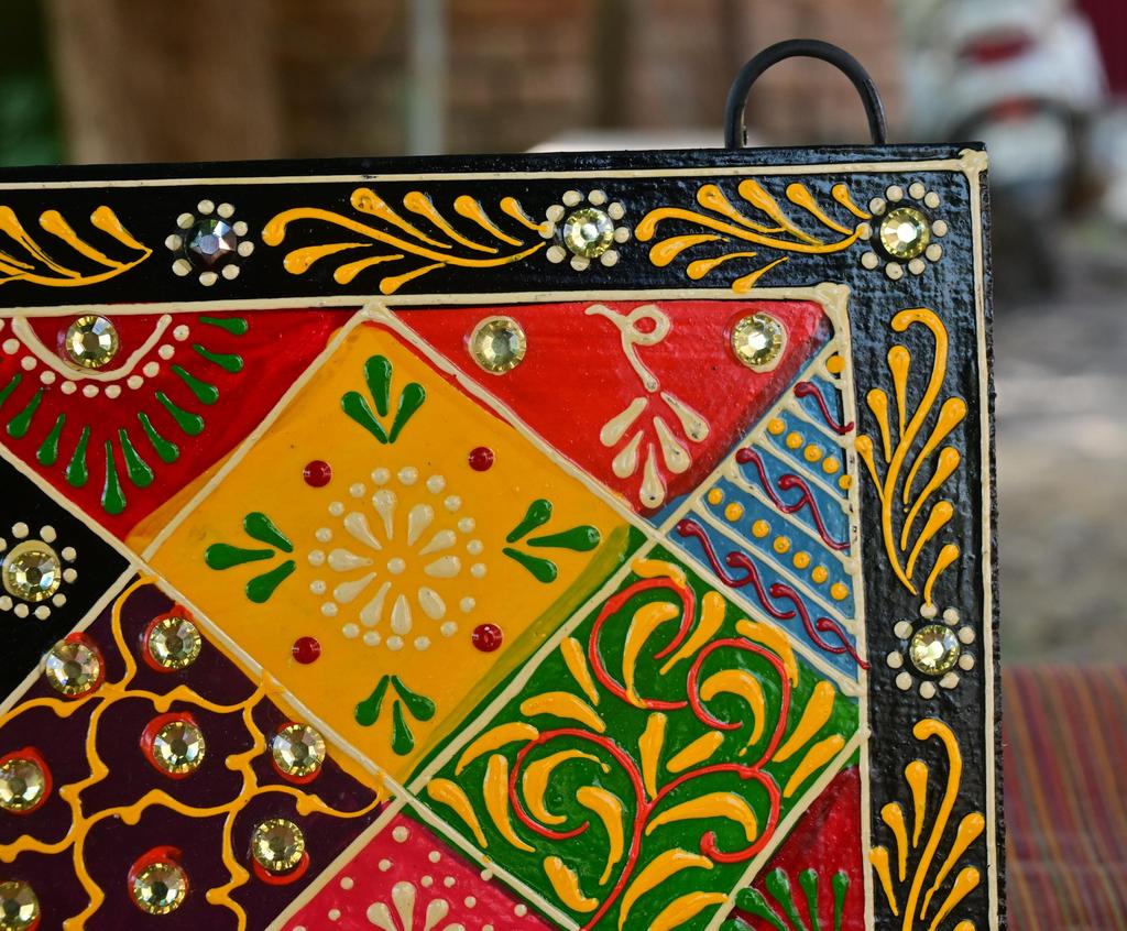 Indian Folk Art Mirror Work Wood Wall Panel: Hand-Painted Ethnic Decor