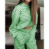 Women's Solid Color Simple Striped Pajama Set, Adjustable Drawstring Pants and Contrasting Round Leader Top Combination