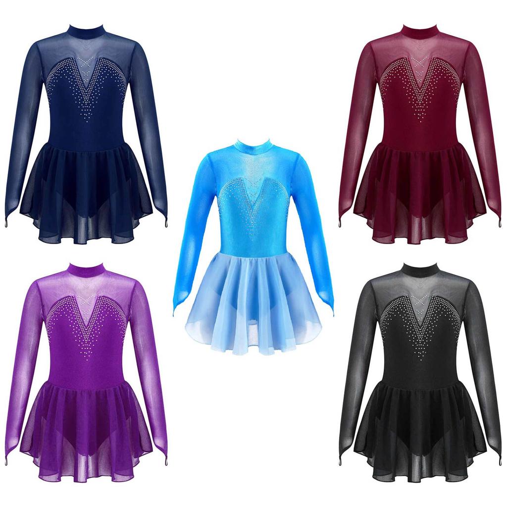 thumbnail image 2 of Kids Girls Figure Ice Skating Ballet Dress Rhinestone Sheer Mesh Tutu Skirted Leotard Rhythmic Gymnastics Lyrical Dance Costume 2 of 11