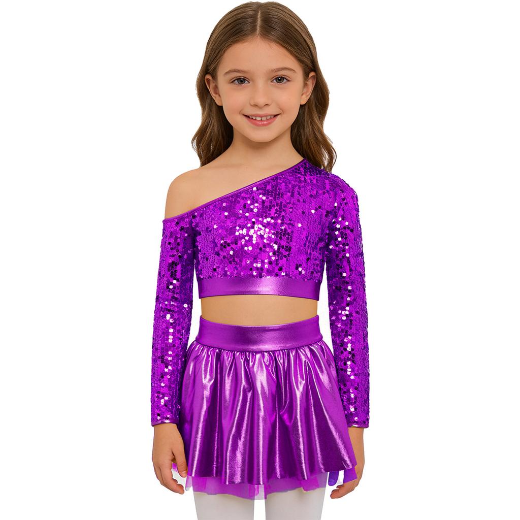 Kids Girls Jazz Dance Costume One Shoulder Long Sleeve Sequins Top with Elastic Waistband Metallic Tutu Skirt for Performance Competition