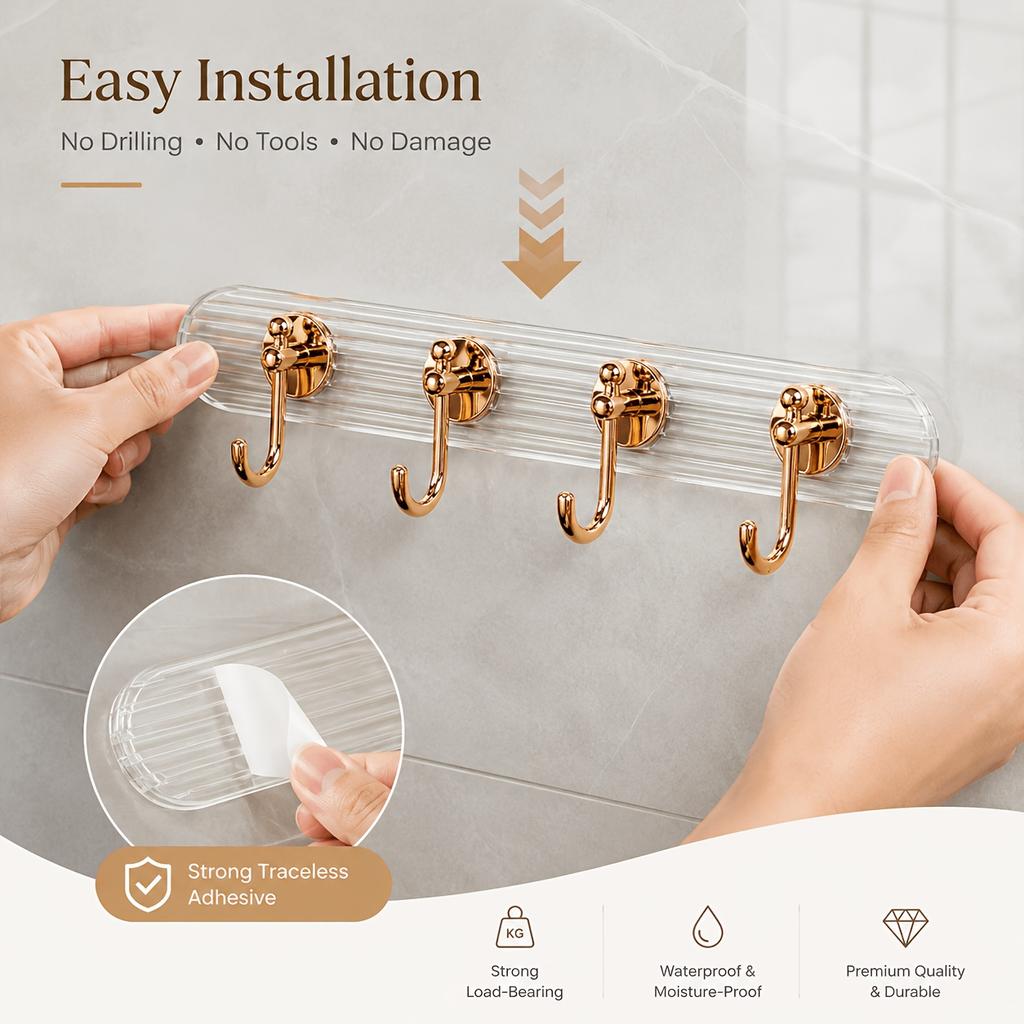 No-Drill Adhesive Wall-Mounted Hook, Acrylic Rose Golden Towel And Clothing Rack, Transparent Base Design, Suitable for Bathroom