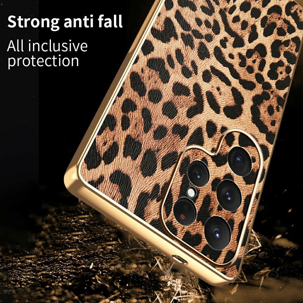 For Samsung Galaxy S24 Ultra Case Leopard Print PU Leather Coated PC+TPU Electroplating Phone Cover