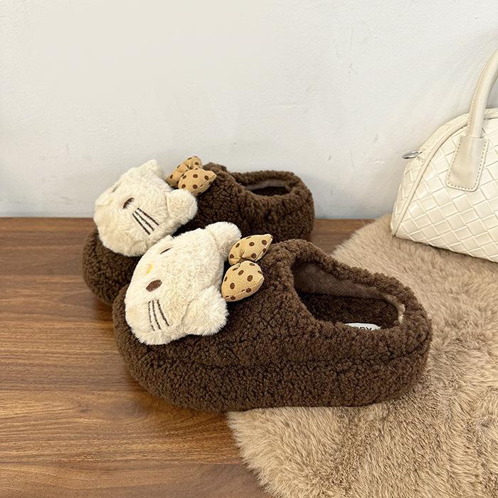 

KT кот повседневные женские пушистые тапочки осень и зима милый мультяшный теплый и нескользящий домашний тапочки на плоской подошве из хлопка 40 коричневый
