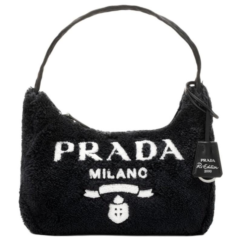 Prada Re-Edition Logo Zip Closure Terry Fabric Underarm Bag Hand Shoulder Bag Mini Women's Black