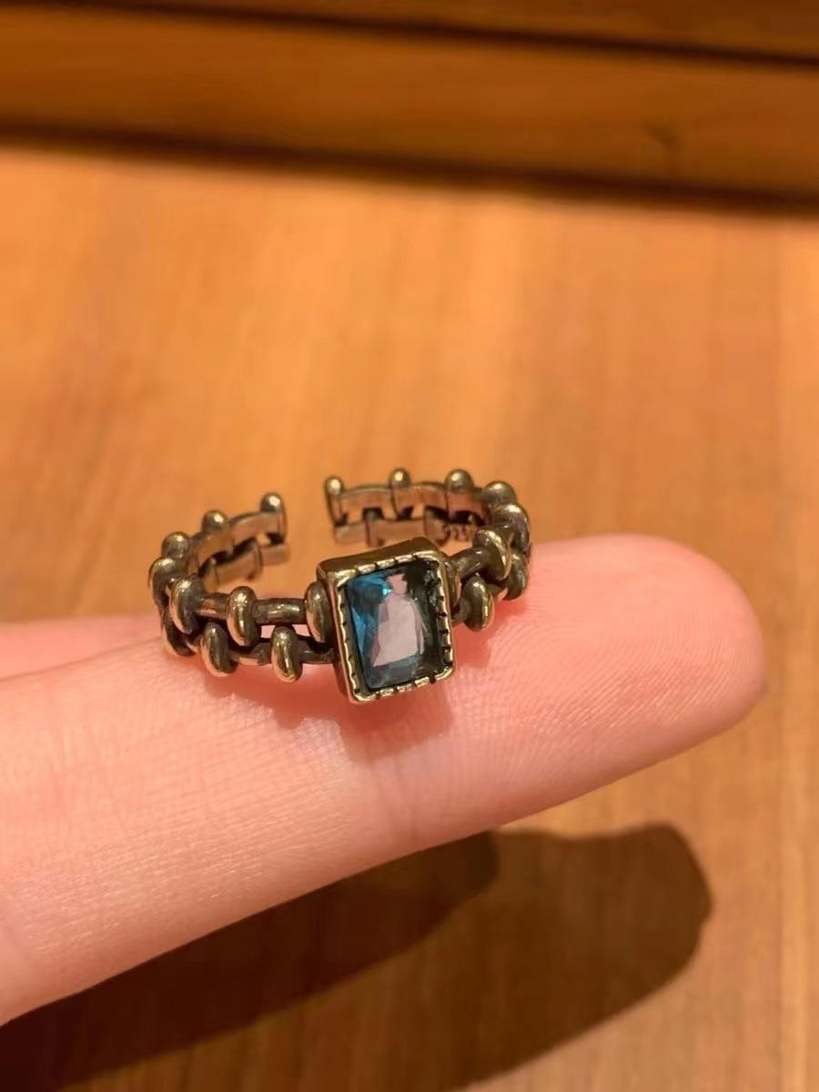 

Retro Geometry Stainless Steel Bronze Color Relief Devil s Eye Square Heart-shaped Blue Zircon Open Rings for Women Men Jewelry resizable