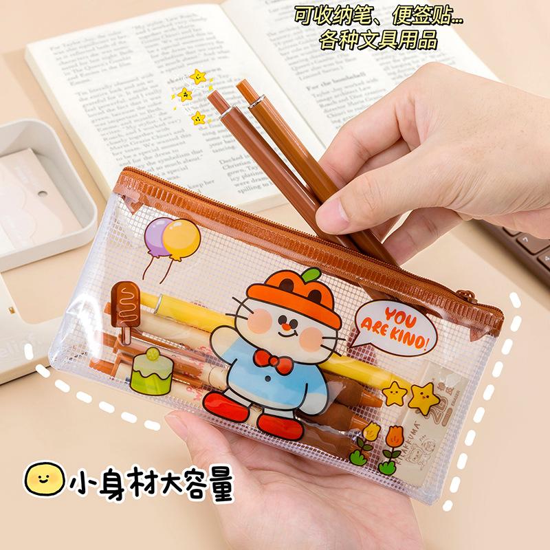Cute Cartoon Transparent Waterproof Kids Pencil Pouch For Student Stationery Storage