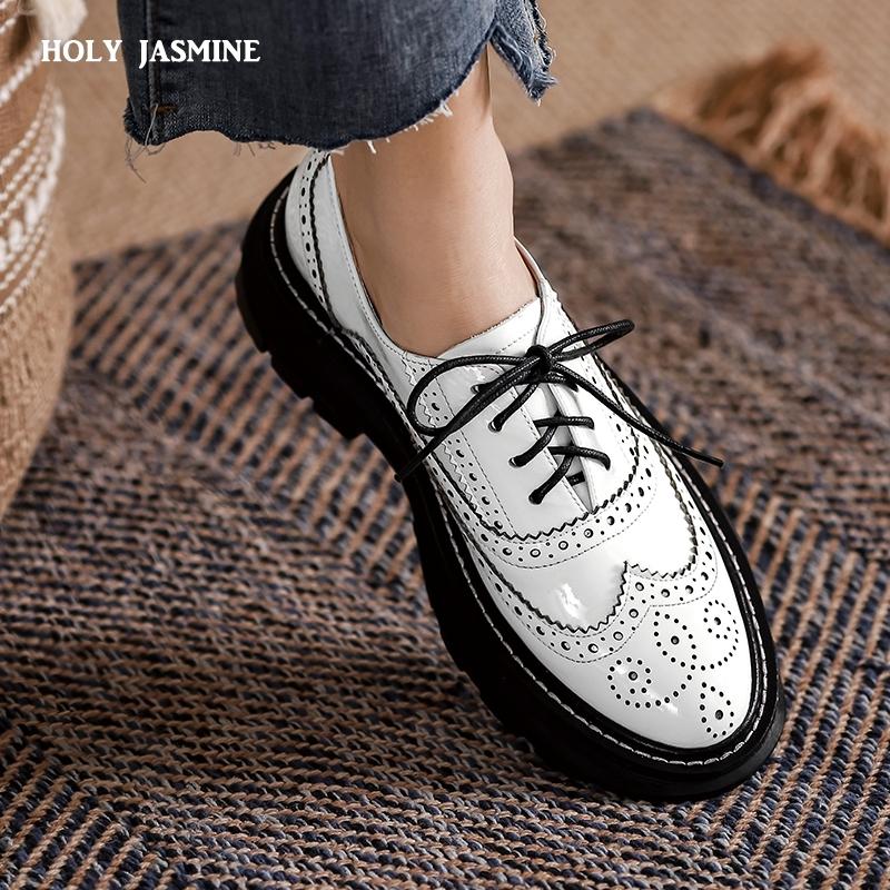 Fashion Oxfords Shoes for Women Real Cow Leather Lace Up Round Toe Black White Vintage Brogue Shoes Female 2025 Spring Platform Shoes