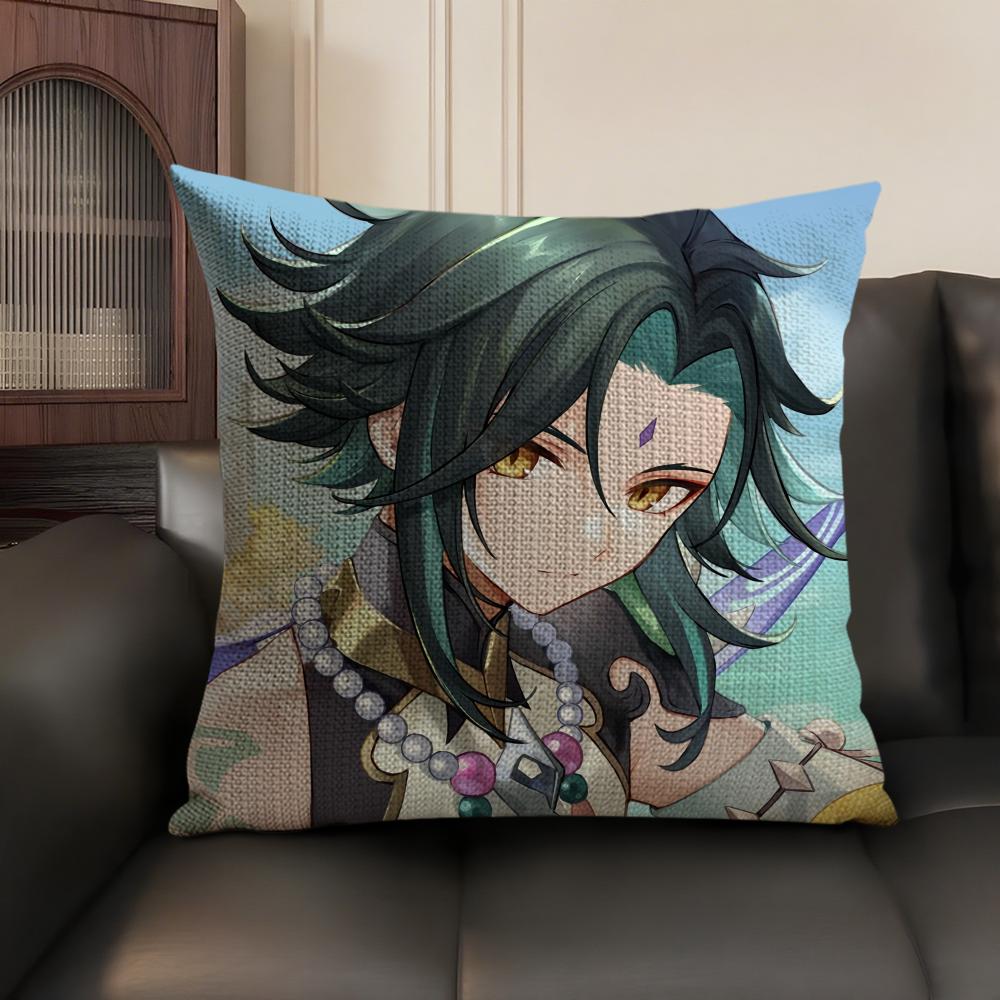 Xiao Genshin Impact Cute Cushion Cover Natural Linen Organic Fabric DoubleSided Printing Sofa Home Decor Gift Pillow Case