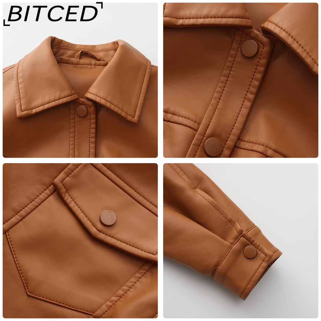 BITCED Spring/Autumn Loose-Fit Casual Leather Jacket for Women Long-Sleeved Single-Breasted Short-Length Jacket