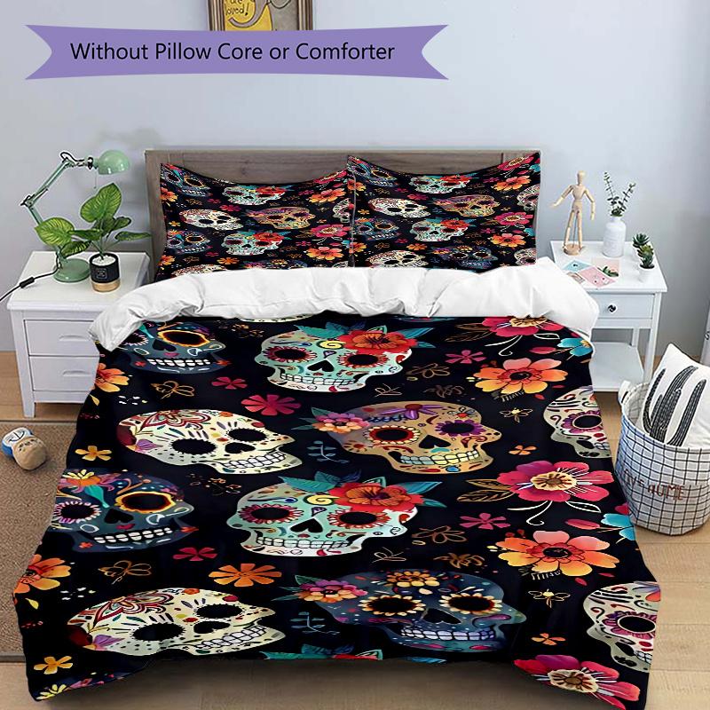 

3pcs Day of the Dead Sugar Skulls Comforter Set with One Quilt Cover and Two Pillowcases (No Core) - Festive Gift for Home Decor, Anime Cartoon Design 135x200cm