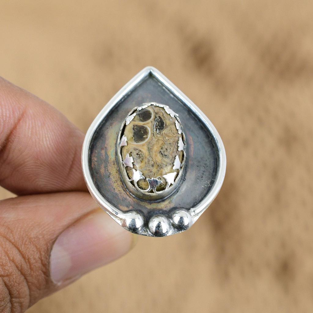 925 Sterling Silver Natural Turritella Agate Statement Promise Wife Ring Jewelry