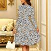 Women Long Sleeve Round Neck Midi Dress Abstract Watercolor Dot Floral Print Flared Casual Dress