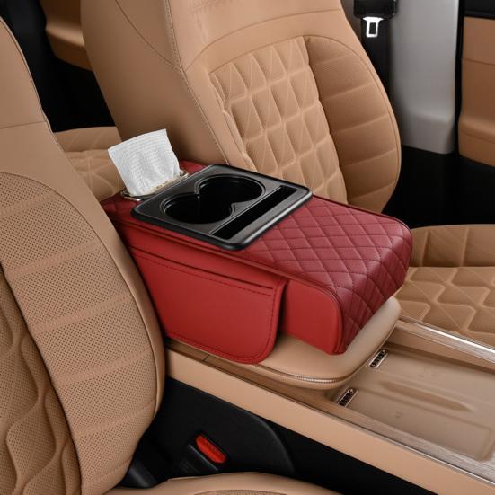 Yousheng Multifunctional Car Armrest Box Faux Leather Armrest Organizer Mat Center Console Cover with Side Pockets Cup Holder Phone Slot Tissue Box