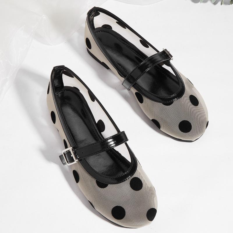 Fashion Fashion Shallow Flat Sandals Women Breathable Mesh Black Polka Dot Ballet Flats Comfortable Round Toe Plus Size Mary Jane Shoes