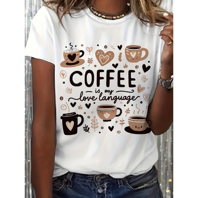 European size Adorable Coffee-Themed Graphic Tee, Short-Sleeved Crew Neck Casual Shirt Perfect for Spring And Summer, Women'S Apparel