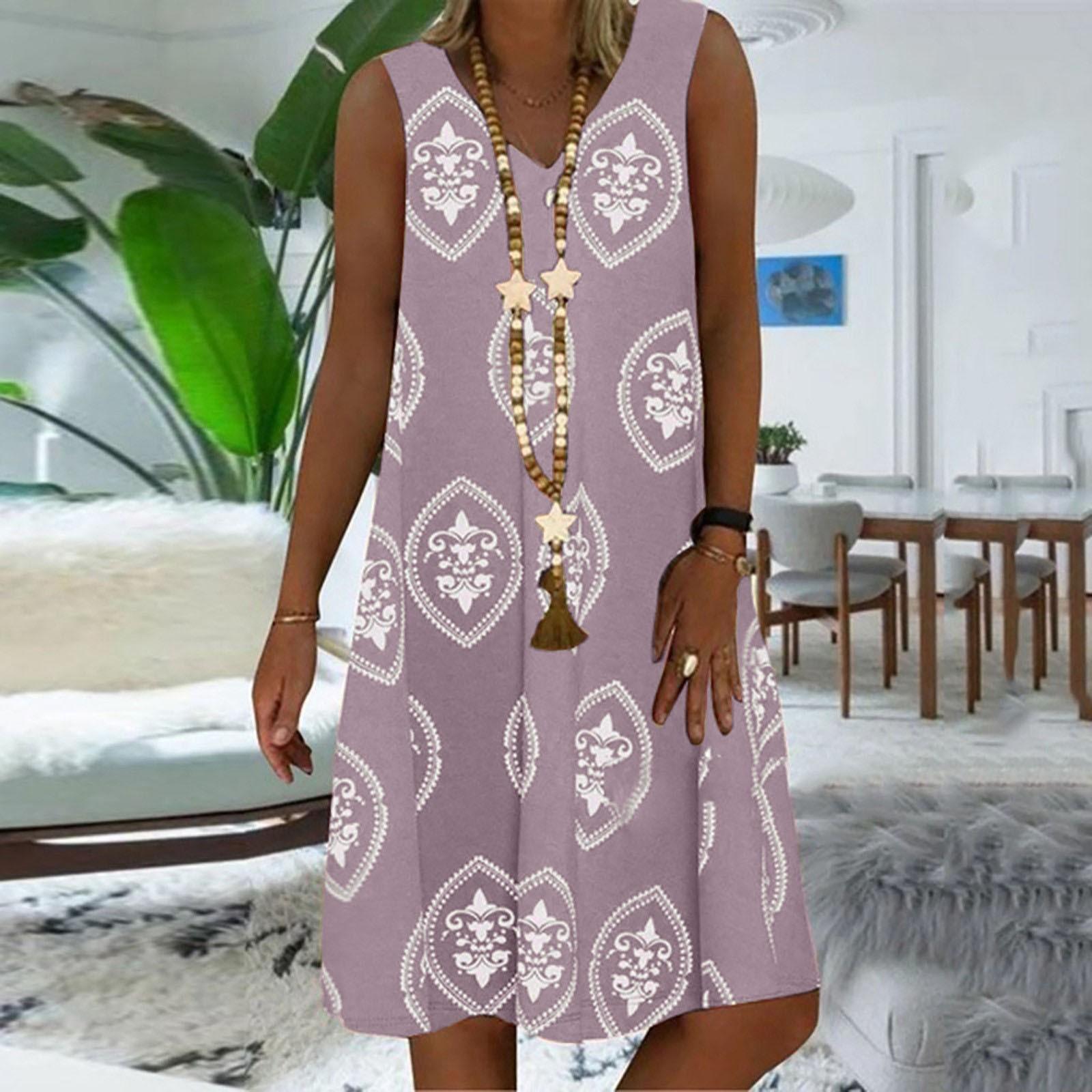Women s Loose Dress V Neck Printed Sleeveless Dress Casual Beach Dress Wide Strap Dress XXXXL