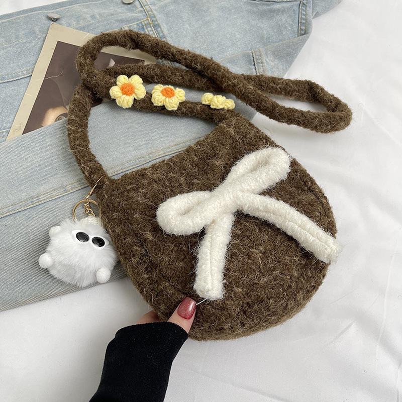 Macaron plush oval cute autumn new bag small crossbody shoulder backpack bow mobile phone bag