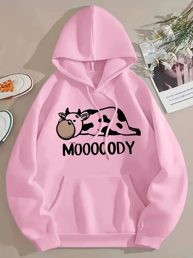 Kuh Buchstaben Print Kordelzug Hoodie Lässig Langarm Kängurutasche Hoodie Sweatshirt Damenbekleidung Verspieltes Design Trendig
