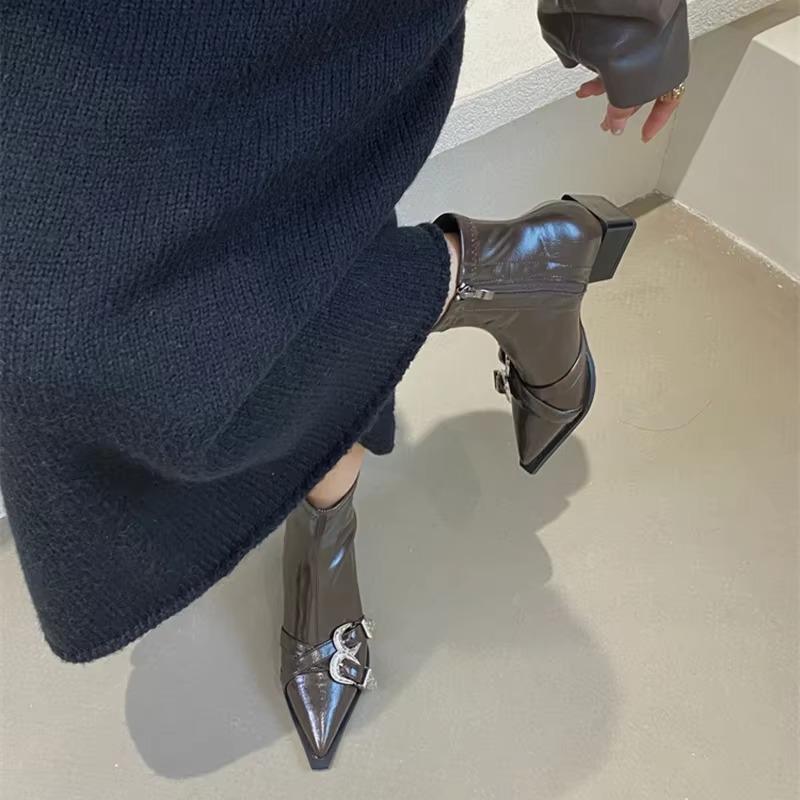 Fashion Designer Pointed Toe Women Ankle Boots Fashion Thick Heel Slimming Short Booties Autumn Winter Female Shoes 2024 New