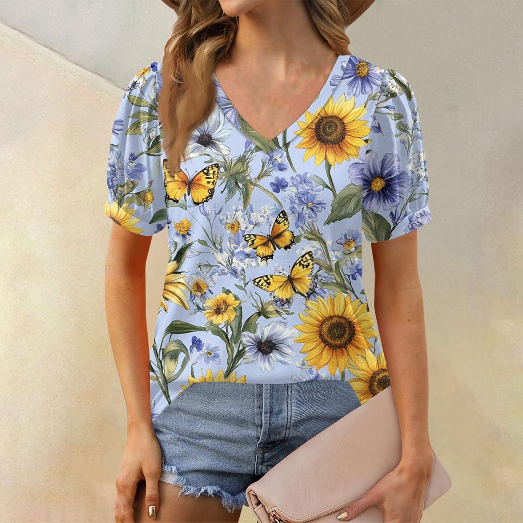 Damenmode Blumendruck Top Puff Kurzarm V-Ausschnitt T-Shirt Lose Casual T-Shirt