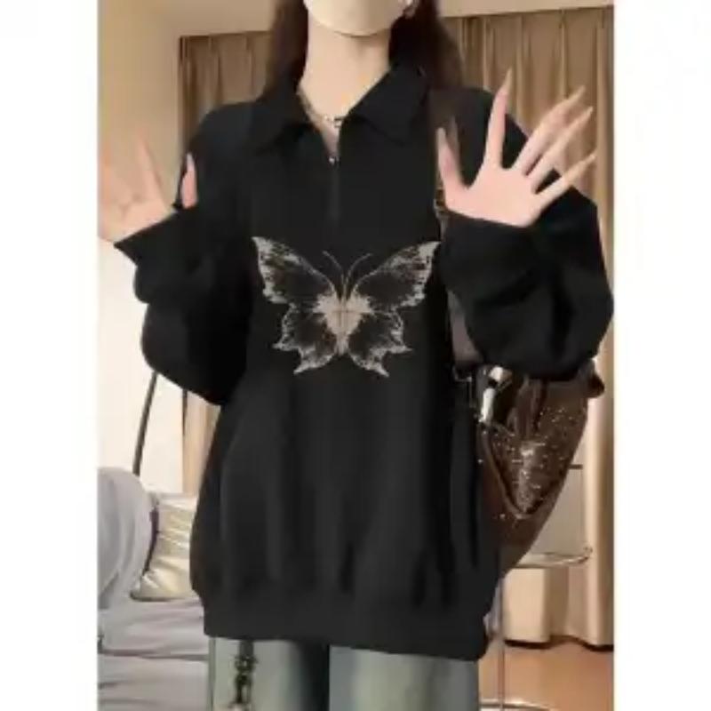 Half-zipper Plus Velvet Sweatshirt for Women in Winter Thickened New Butterfly Print Loose Casual Mid-length Top