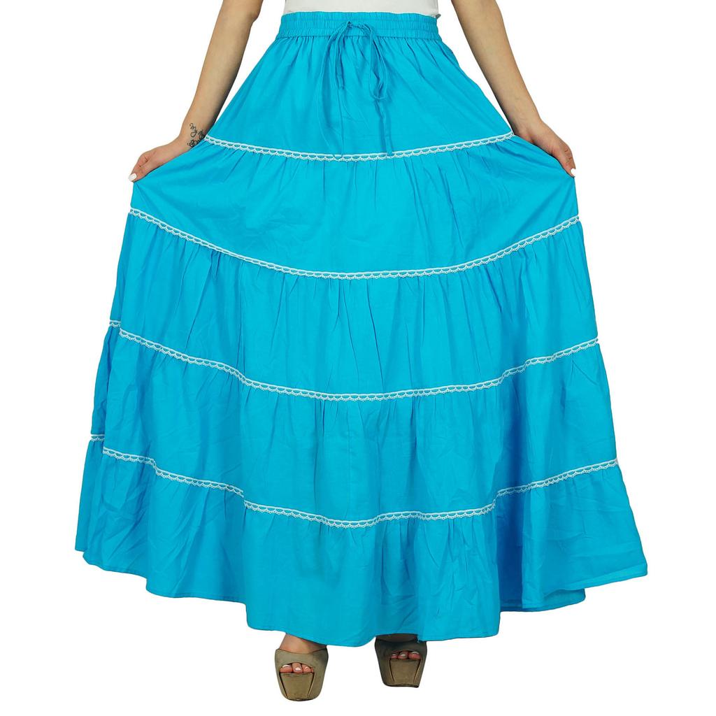 Bimba Damen Langer ausgestellter Baumwollrock Boho Maxi Unterteil Elastische Taille