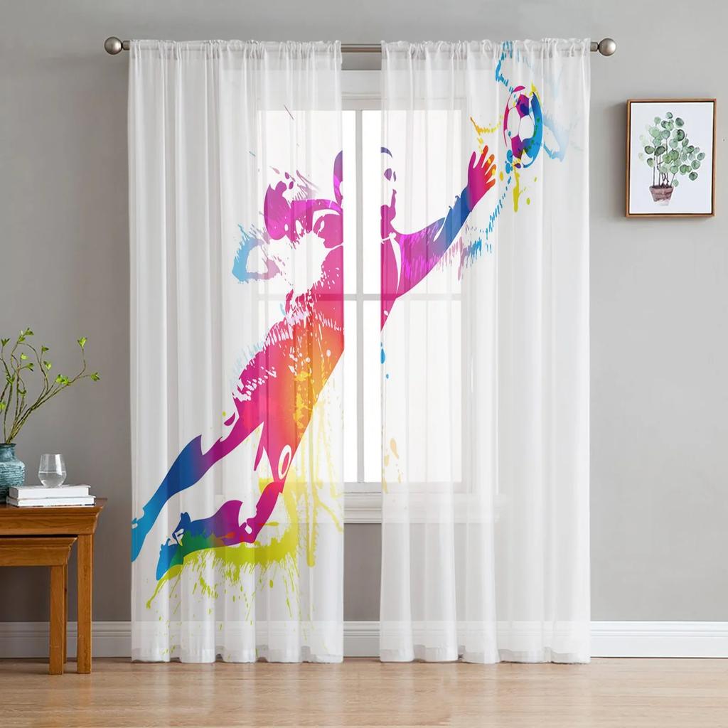 Bunte Fußball-Farbkunst-Fußball-Tüll-Vorhänge für Wohnzimmer-Dekoration, Fenstervorhang für Schlafzimmer, Voile-Organza-Vorhänge