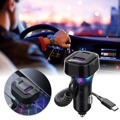 PD 30W Fast Car Charger With Spring Wire Atmosphere Light Cigarette Lighter Converter 3 Output For 12V-24V Cars #468740