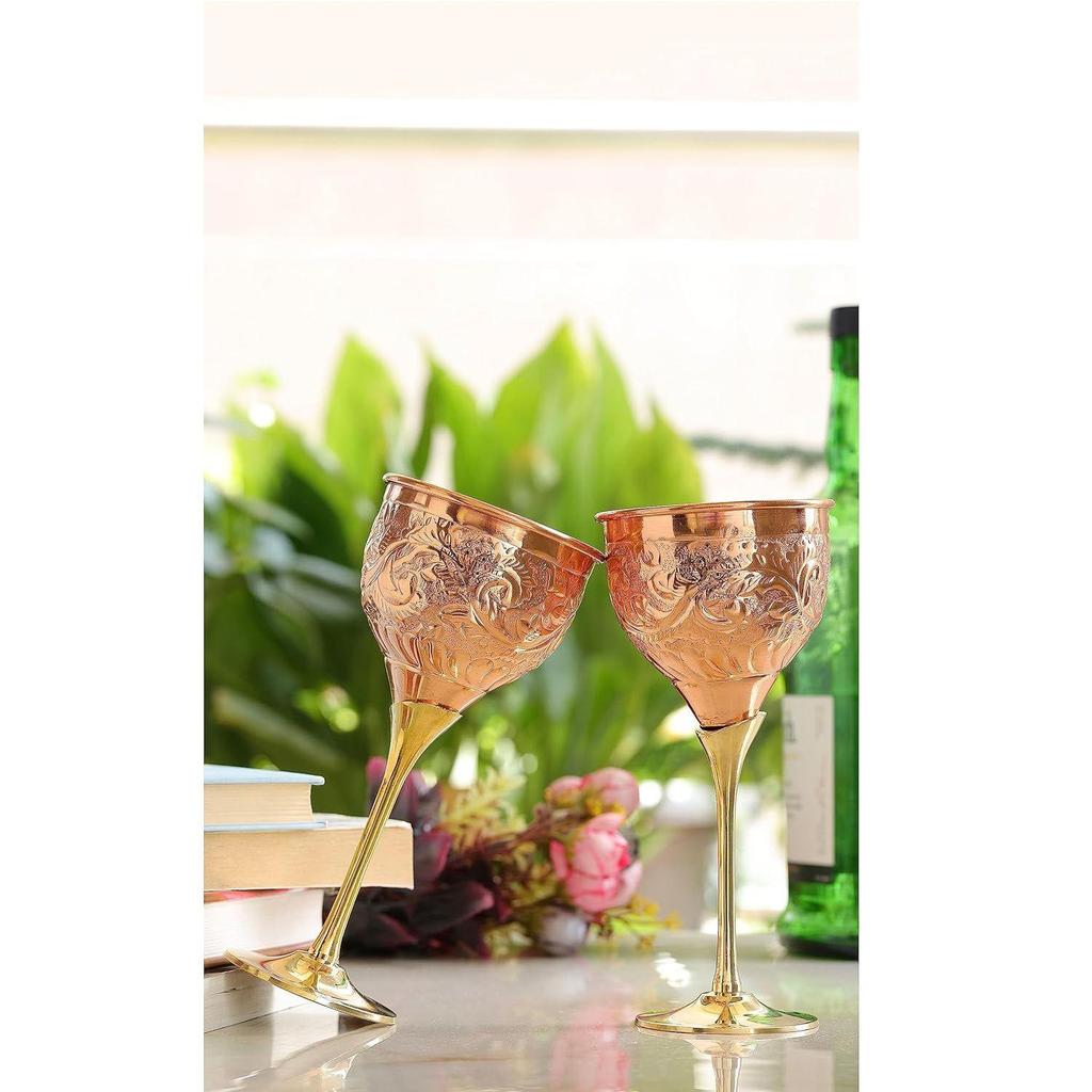 Set aus 2 Weingläsern mit Kupferblumenmuster und Messingständer 290 ml - Trinken Servieren Wein Bar Hotel Restaurant