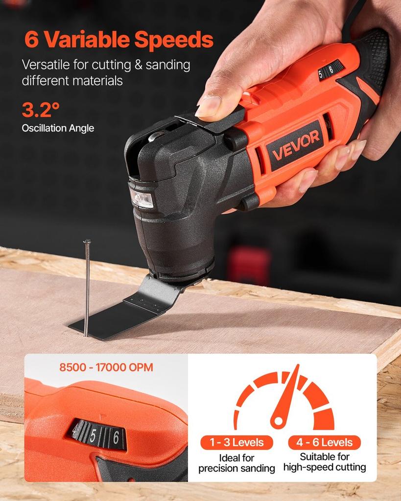 Cordless Oscillating Tool, 20V Oscillating Multi Tool Kit with 6 Variable Speeds 8500 - 17000 OPM, 3.2° Oscillating Angle, 2.0Ah Battery Pack &