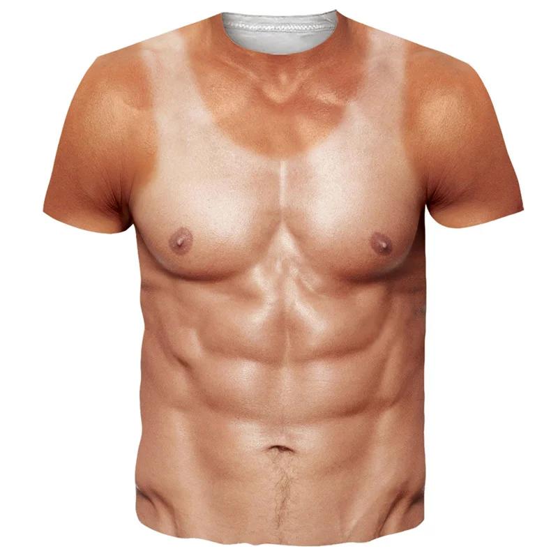 Men's Funny Hairy Chest Graphic T-shirts Fake Muscle Abs 3D Print Short Sleeve T-shirts Spring Summer Cosplay Costume Tops