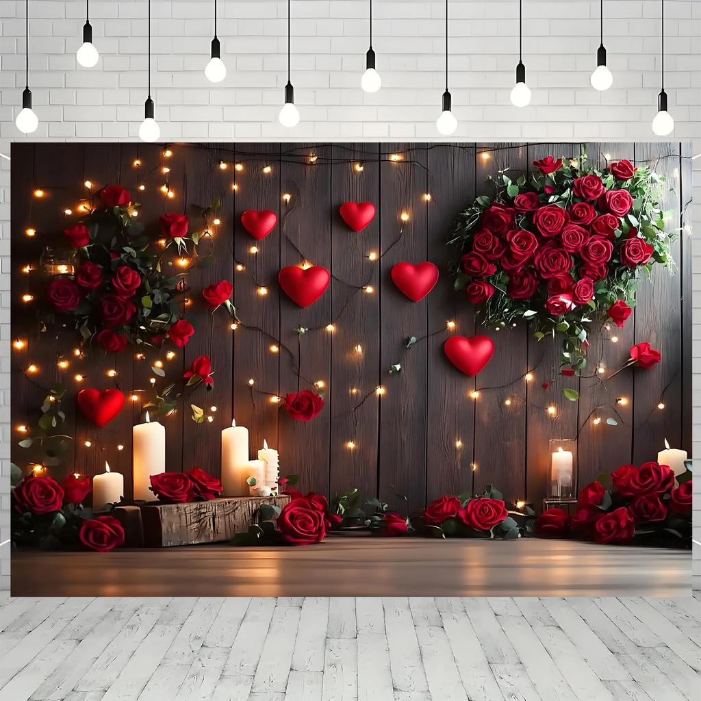 Red Roses Hearts Candles Fairy Lights Wood Wall Tapestry Wall Hanging For Valentine Day Wedding Decor Romantic Floral Art Print