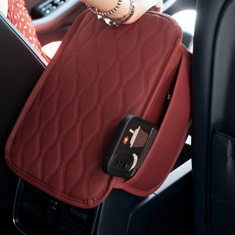 Center Console Leather Armrest Cushion Pad with 2 Storage Bags Replacement Armrest Protection Cover Quick Installation