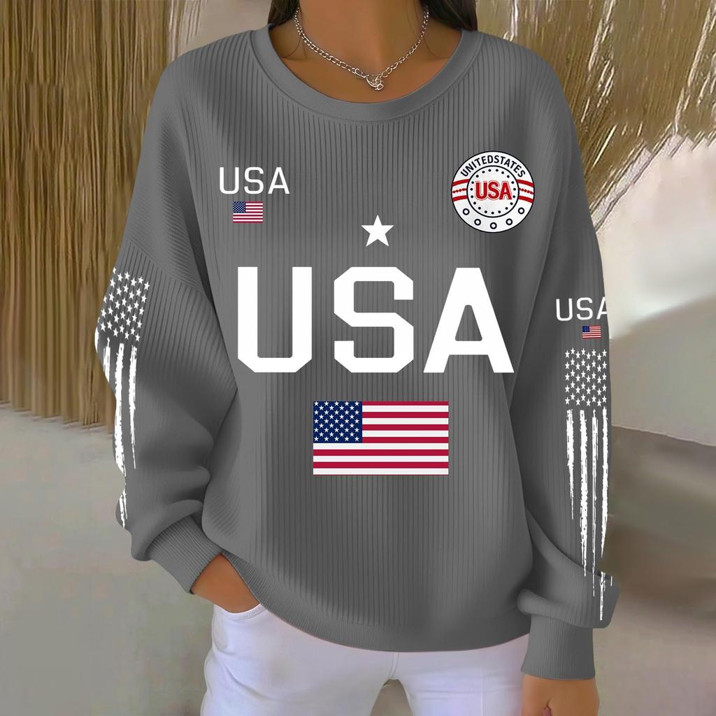 Bluza z długim rękawem z nadrukiem liter USA, z okrągłym dekoltem, casualowa, luźny krój, top dla kobiet, mężczyzn, unisex, wzór flagi