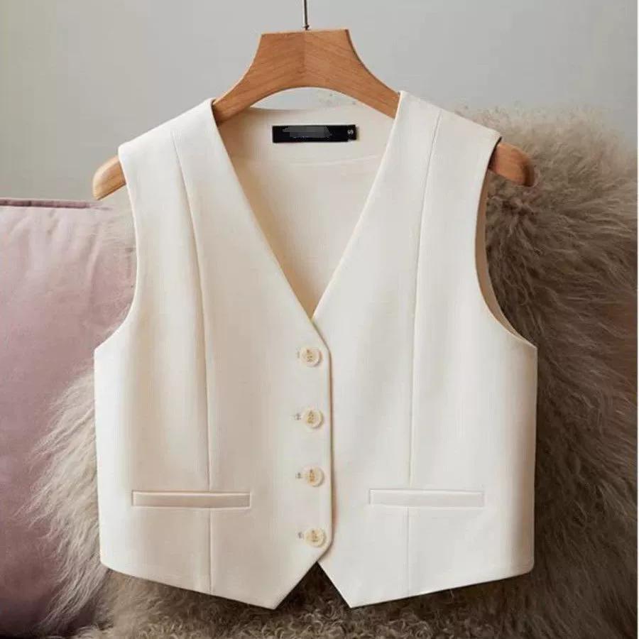 Fashion Women Vest Sleeveless Vests for Women Chic V-Neck Single-Breasted Ladies Elegant White Waistcoat Tops