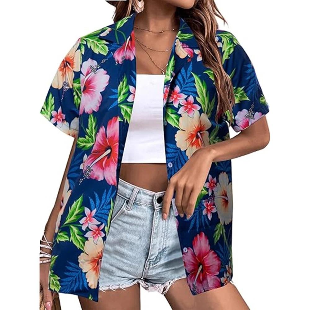 Letnia Moda Koszule z Krótkim Rękawem Damskie Hawajskie Kwiatowe Drukowane 3D Podstawowe Koszule Styl Plażowy Kurort Jednorzędowe Codzienne Koszule