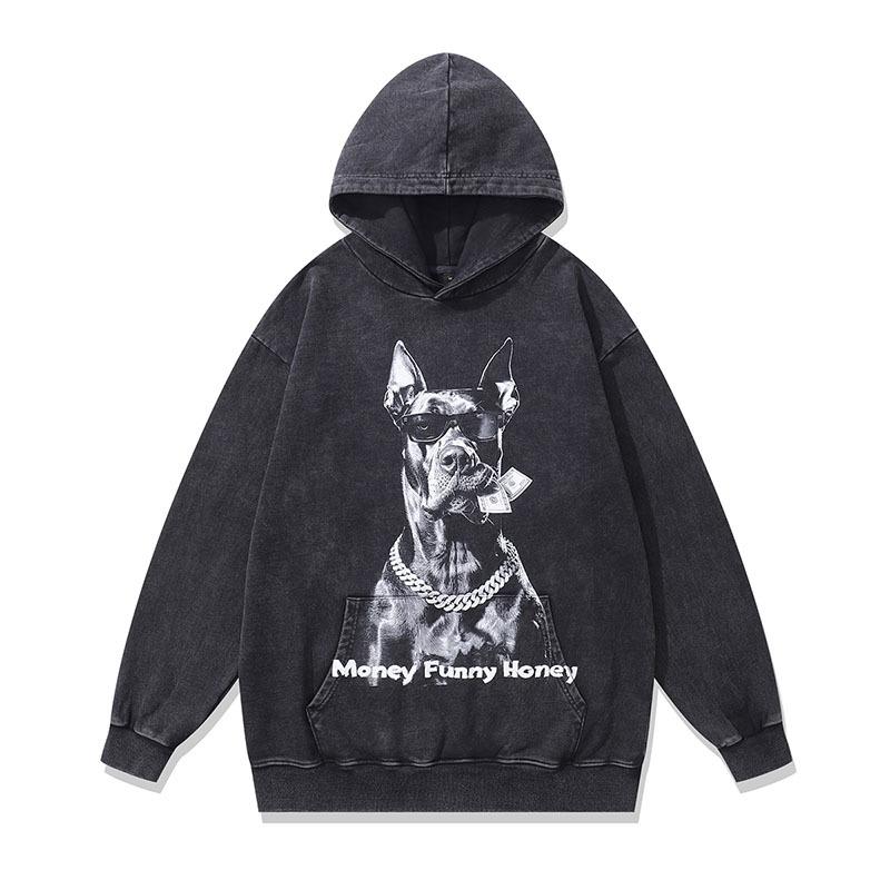 Trendy Brand American High Street Retro Doberman Direct Injection Printing Washed Long-Sleeved T-Shirt Men'S Loose Vintage Top