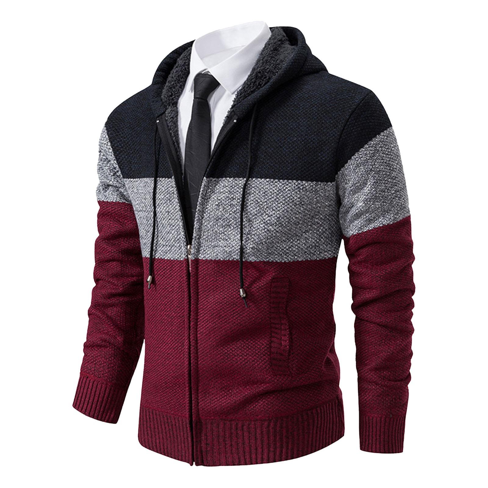 

Мужской свитер с цветными блоками и толстым бархатом, повседневный вязаный свитер, модная куртка с капюшоном для мужчин XL красный