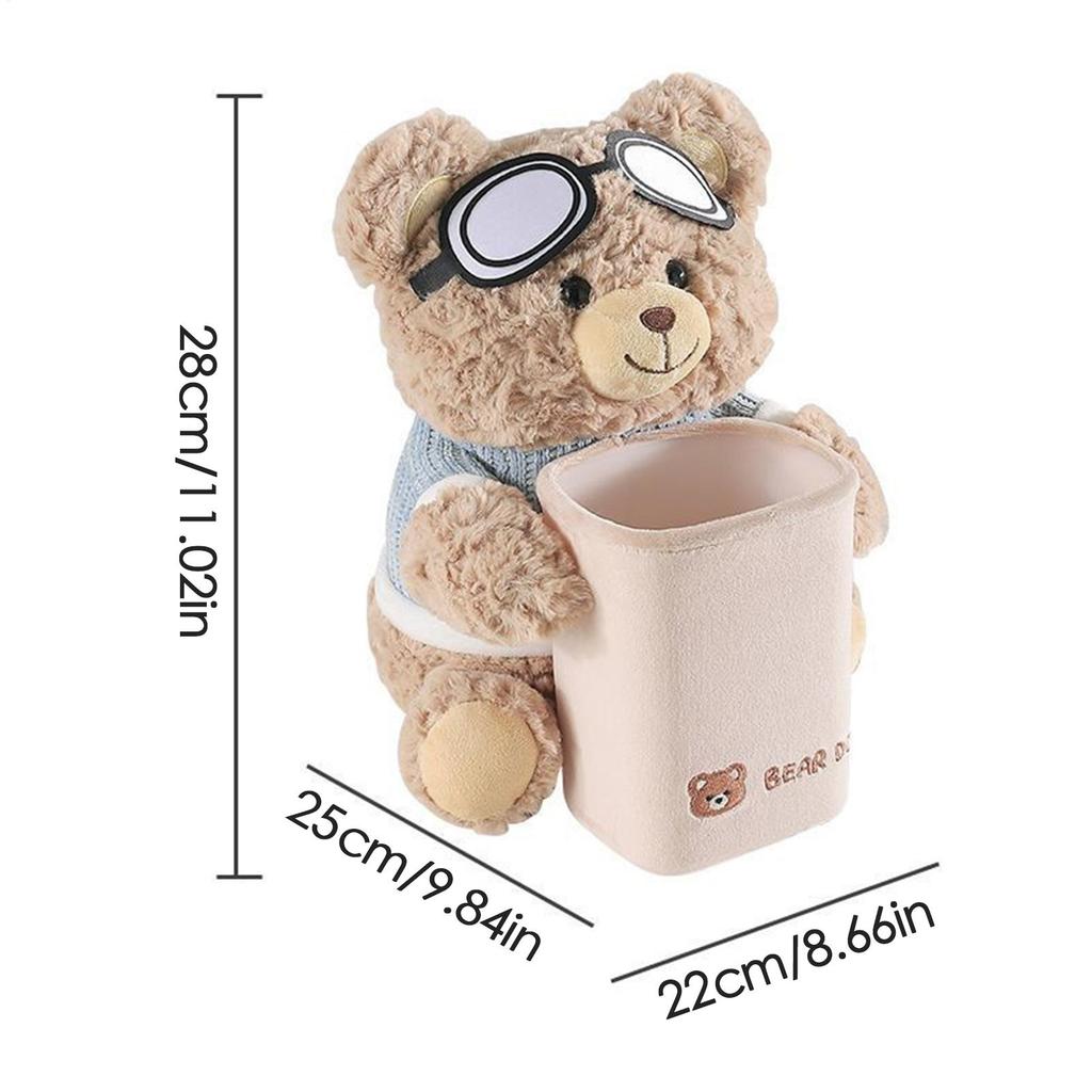 2-in-1 Cartoon Bear Plush Tissue Holder &Trash Can Car Tissue Holder Vehicle Plush Trash Can Creative Car Armrest Storage Bucket