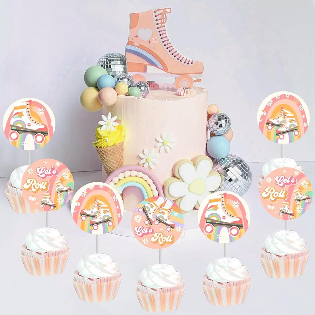 Cheereveal Roll Skating Birthday Decorations - 36 Pack Groovy Theme Let’s Roll Cupcake Toppers, Table Dessert Cupcake Picks, Happy Birthday Party