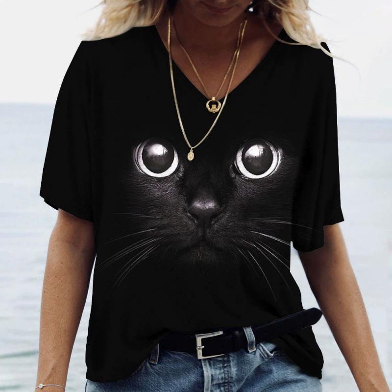 Sommer V-Ausschnitt 3D Katze Gedrucktes Oberteil Modische Lässige Kurzarm Damen T-Shirts